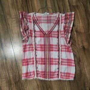Girls Pink White Plaid Ruffle Sleeve Top Embroidered Cotton Blouse Size S